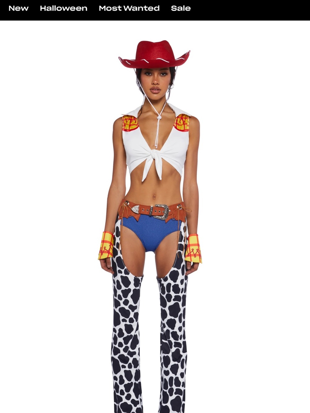 Dolls Kill Red Cowgirl Hat with White Tie-Front Top & Blue Briefs